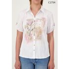 Ladies Short Sleeve Front Patterned Casual Buttoned Blouse in White