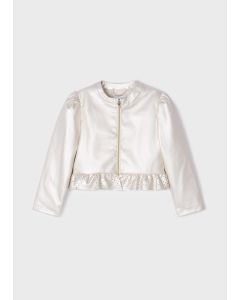 Pearlised Frill Leatherette Jacket in Off White