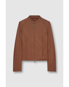 Zipped Faux Leather Short Jacket in Tan